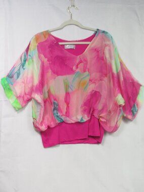 Tina Stephens Silk Blouse Pink Green Marble Print Overlay Top O/S Layered Italy